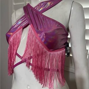 New Xs hot pink metallic fringe boho western Barbie rave festival top shirt crop